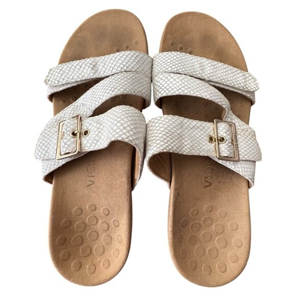 Vionic Skylar White Leather Faux Snakeskin Slip On Sandals Slides Buckle Size 10 - Picture 6 of 13